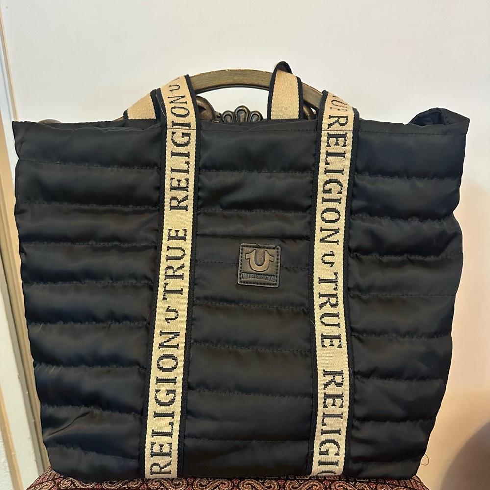 True Religion Black Quilted Backpack with Tan Straps